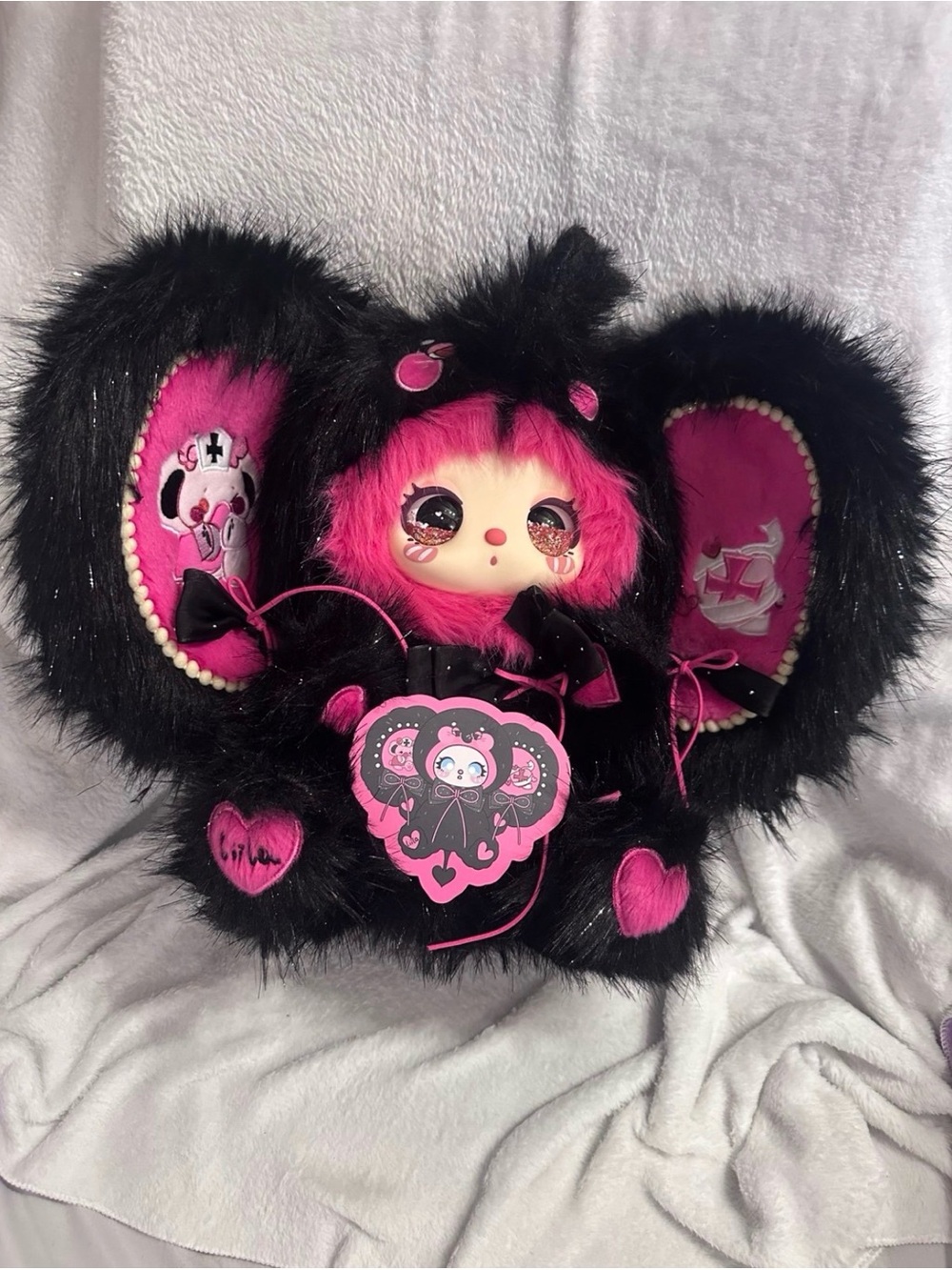 Black Fuzzy Plush Bag with Hot Pink Kawaii Doll Face